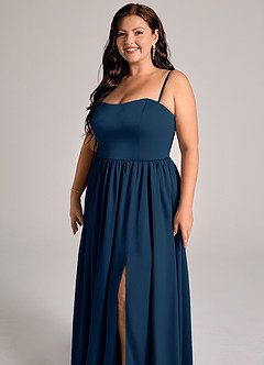 Azazie Calianna Robes de demoiselle d'honneur Robe Trapèze Convertible en Satin extensible Épaule décolletée Bleu Marine Foncé image11