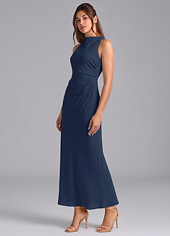 Azazie Evadne Vestidos de damas de honor Vestido de Azul Marino Oscuro de Gasa de Corte Recto con Plisado image1