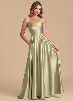 Azazie Shaude Bridesmaid Dresses Moss Green A-Line Pleated Metallic Satin Dress image3