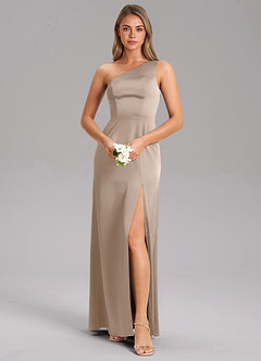 Azazie Phaedra Jurken voor bruidsmeisjes Jurk van Stretch Satijn met A-lijn One-shoulder Taupe image1
