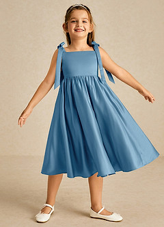 Azazie Chelsie vestidos de niña de las flores Vestido de Azul Acero de Satin Mate de Corte En A con Lazo image1