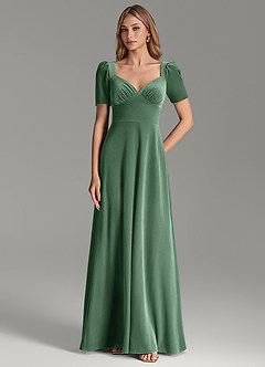 Azazie Alaya At-home Try On Dresses Eucalyptus A-Line Sweetheart Neckline Velvet Dress image4