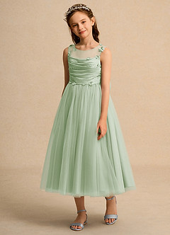 Azazie Snowball Girl Jurken voor bloemenmeisjes Baljurk Jurk van Tule Geplooid Stoffige Salie image5