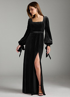Azazie Leonia Bridesmaid Dresses Black A-Line Long Sleeve Velvet Dress image3