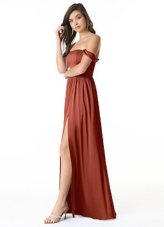 Azazie Morana Jurken voor bruidsmeisjes Converteerbaar Jurk van Stretch Satijn met A-Lijn Off the Shoulder Terracotta image4