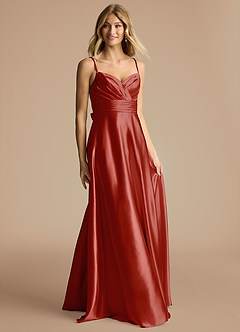 Azazie Oliana Bridesmaid Dresses Rust A-Line Pleated Metallic Satin Dress image4