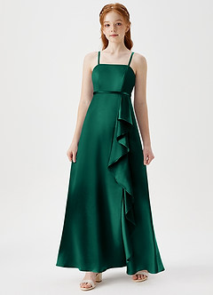 Azazie Kaylee Junior Emerald A-Line with Belt Metallic Satin Dress image3