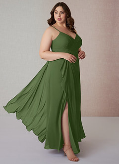 Azazie Emerald Vestidos de damas de honor Vestido de Oliva de Gasa de Corte en A con Volantes image9