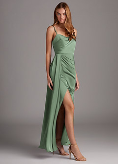 Azazie Bona Final Sale Matcha A-Line V-Neck Pleated Stretch Satin Dress image2