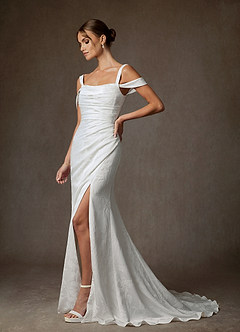 Azazie Tilly Wedding Dresses Diamond White Sheath Off the Shoulder Floral Jacquard Dress image3