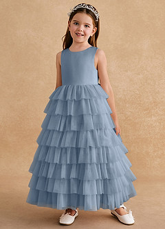 Azazie Twinkle Toes Flower Girl Dresses Dusty Blue A-Line Bow Tulle Dress image2