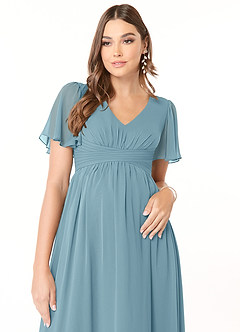 Azazie Verna vestidos de dama de honor de maternidad Vestido de Corte En A Cuello en V fruncido Hasta el suelo Gasa image5
