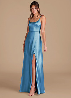 Azazie Halsey Bridesmaid Dresses Steel Blue A-Line Side Slit Metallic Satin Dress image4