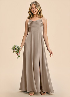 Azazie Gia Junior Taupe A-Line Pleated Stretch Satin Dress image4
