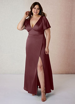 Azazie Lani Bridesmaid Dresses Sangria A-Line Flounce Sleeve Stretch Satin Dress image7