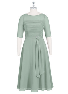 Azazie Naomi At-home Try On Dresses Agave A-Line Boatneck Pleated Chiffon Dress image7