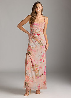 Azazie Mai Bridesmaid Dresses Abstract Bouquet Floral Sheath Pleated Chiffon Dress image1