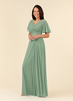 Azazie Emmeline Mother of the Bride Dresses Matcha A-Line V-Neck Pleated Mesh Dress image3