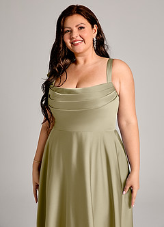 Azazie Shaude Bridesmaid Dresses Moss Green A-Line Pleated Stretch Satin Dress image9