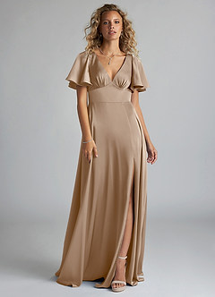 Azazie Kimber Bridesmaid Dresses Taupe A-Line Ruched Stretch Satin Dress image3
