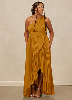 Christian Siriano Bridal for Azazie 1008 Bridesmaid Dresses Butterscotch A-Line One Shoulder Stretch Satin Dress image11