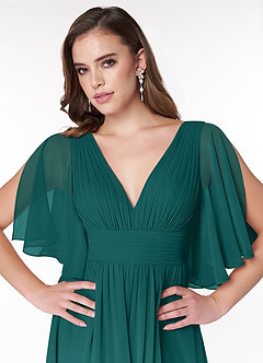 Azazie Temeka Vestidos de damas de honor Vestido de Pavo Real de Gasa de Corte en A con Volante image6