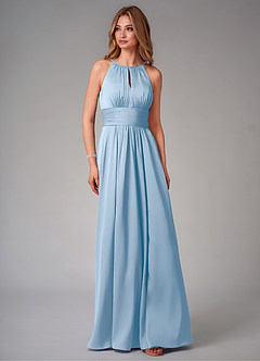 Azazie Bonnie At-home Try On Dresses Dusty Blue A-Line Pleated Stretch Satin Dress image6