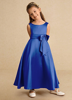 Azazie Lindy vestidos de niña de las flores Vestido de Azul Real de Satin Mate de Corte En A con Plisado image9