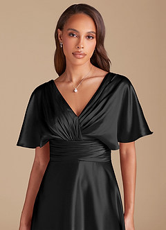 Azazie Pamela Vestidos de damas de honor Vestido de Negro de Satén Metálico de Corte en A con Plisado image1