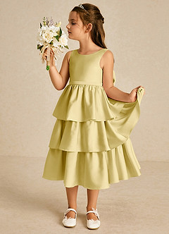 Azazie Margery vestidos de niña de las flores Vestido de Sorbete De Limón de Satén Elástico de Corte En A con Lazo image4