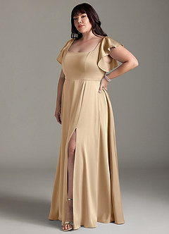 Azazie Bondi Bridesmaid Dresses Champagne A-Line Bow Stretch Satin Dress image9