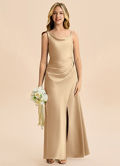 Azazie Abby Junior Champagne A-Line Pleated Stretch Satin Dress image4