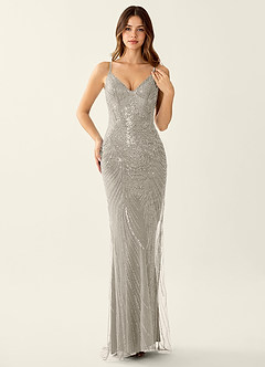 mermaid grey prom dress WEDTREND Women Grey Blue Long Prom Dress with Sequins Mermaid Corset  Spaghetti Straps Beaded Satin Pleated Formal Dress with Lace Up Back main image 1