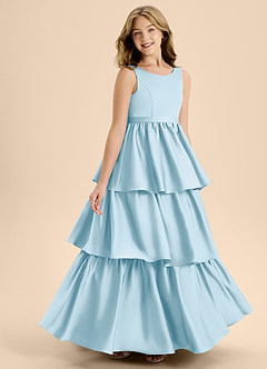 Azazie Meadowyn Junior Vestido de Azul Cielo de Satén Elástico de Corte En A con Lazo image3