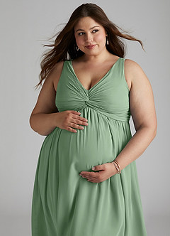 Azazie Yetta Maternity Bridesmaid Dresses A-Line V-Neck Gathered Chiffon Floor-Length Dress image8