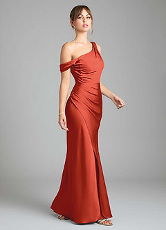 Azazie Madelyn Robes de demoiselle d'honneur Robe Sirène Convertible en Satin extensible Une épaule Rouille image5