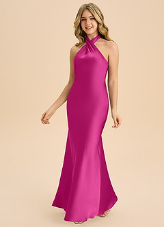 Azazie Chickie Junior Vestido de Fucsia de Satén Elástico de Corte Recto con Plisado image5