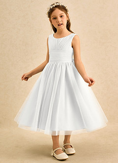 Azazie Macaron Jurken voor bloemenmeisjes A-Lijn Jurk van Tule Geplooid Wit image4