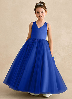 Azazie Peanut Flower Girl Dresses Royal Blue A-Line Strap Tulle Dress image4