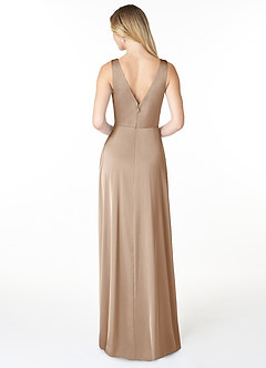 Azazie Nelly Bridesmaid Dresses Taupe A-Line V-Neck Pleated Stretch Satin Dress image2
