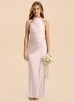Azazie Jemma Junior Blushing Pink Sheath Ruched Stretch Satin Dress image1