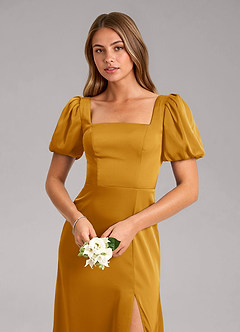 Azazie Fyona Robes de demoiselle d'honneur Robe Trapèze en Satin extensible Plissée Caramel écossais image6