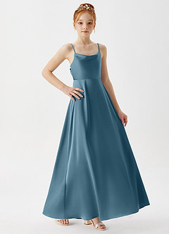 Azazie Shale Junior Robe Trapèze en Satin extensible Bermude image4
