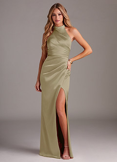 Azazie Jemma Bridesmaid Dresses Moss Green Sheath Pleated Stretch Satin Dress image1