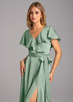 Azazie Lainey Bridesmaid Dresses Agave A-Line with Pockets Stretch Satin Dress image6
