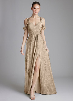 Azazie Emoria Vestidos de madrinha de casamento Vestido Jacquard Taupe de Jacquard de Linha A com Fora do ombro image1