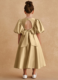 Azazie Sugarplum Flower Girl Dresses Gold A-Line with Sleeves Matte Satin Dress image2
