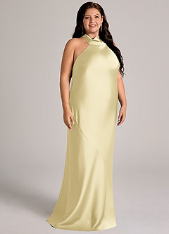 Azazie Velli Bridesmaid Dresses Lemon Sorbet Mermaid High Neck Stretch Satin Dress image10