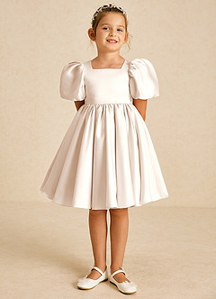 Azazie Muffin Flower Girl Dresses White Alabaster A-Line with Sleeves Matte Satin Dress image2