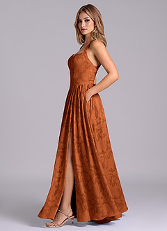 Azazie Francis Robes de demoiselle d'honneur Robe Trapèze en Blumen-Burnout Corset Orange Brûlée image3